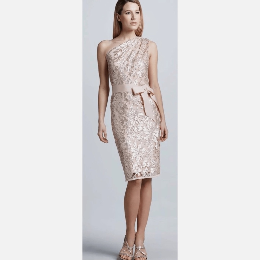 Tadashi Shoji $328 Champagne Sequined One Shoulder Knee Length Dress 12 - Picture 4 of 13